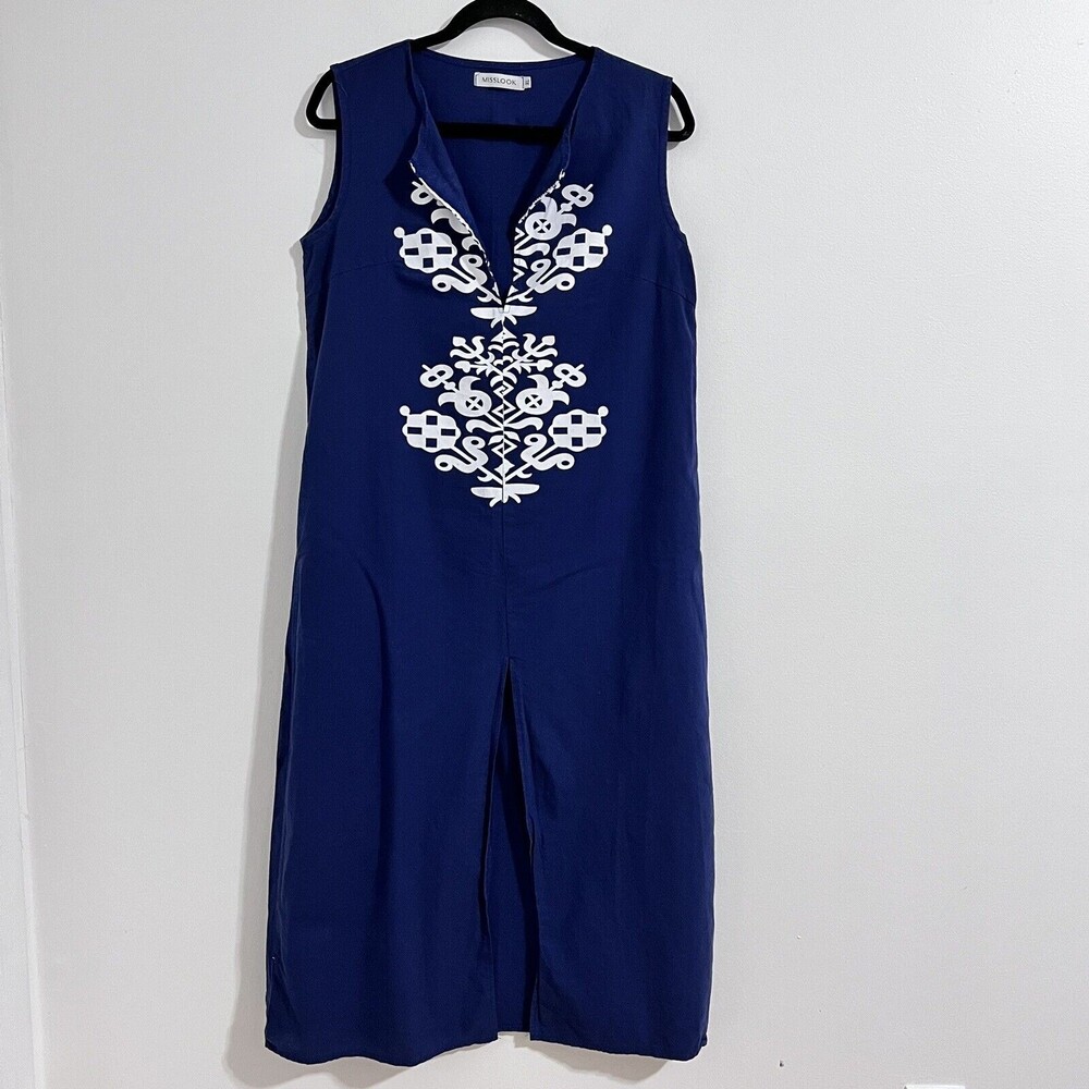 Misslook Blue Sheath Tunic Dress Size XL‎ Front Slit Indian Print Casual Summer